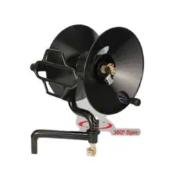 A black hose reel with the handle extended.