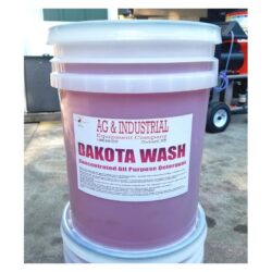 Five gallon pink detergent bucket with label