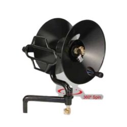 A black hose reel with the handle extended.