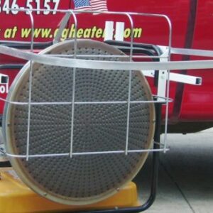 A grill with a red truck behind it.