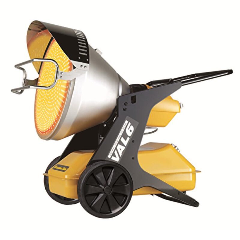 Portable industrial heater with wheels and handle.