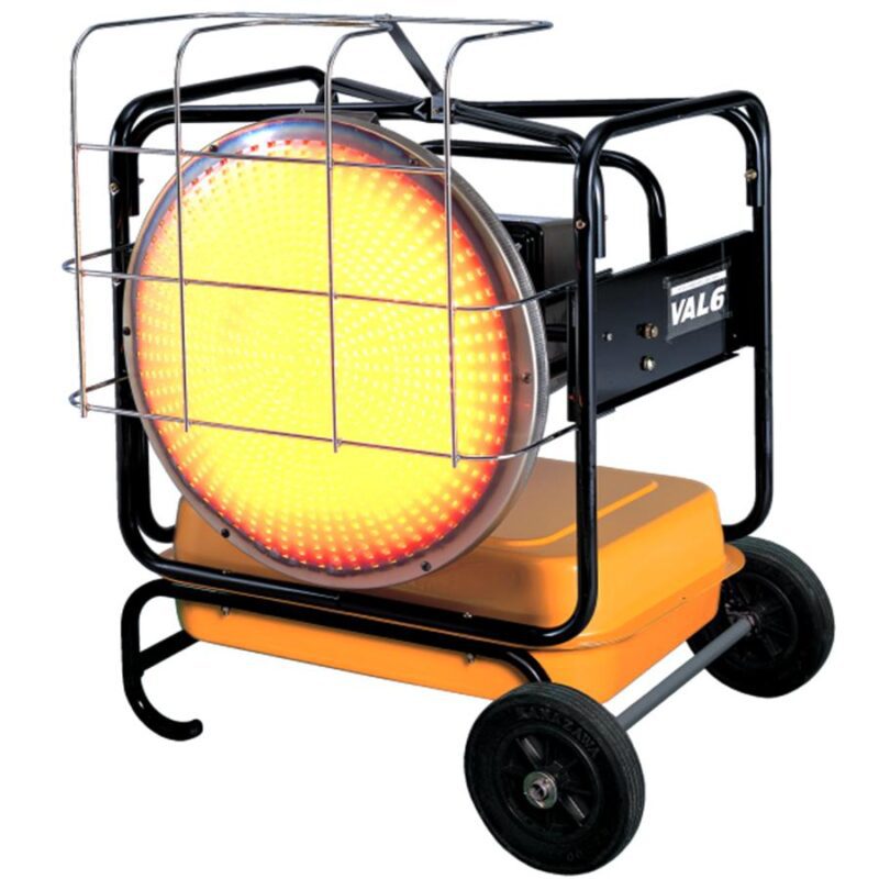 Portable industrial heater with protective grill.