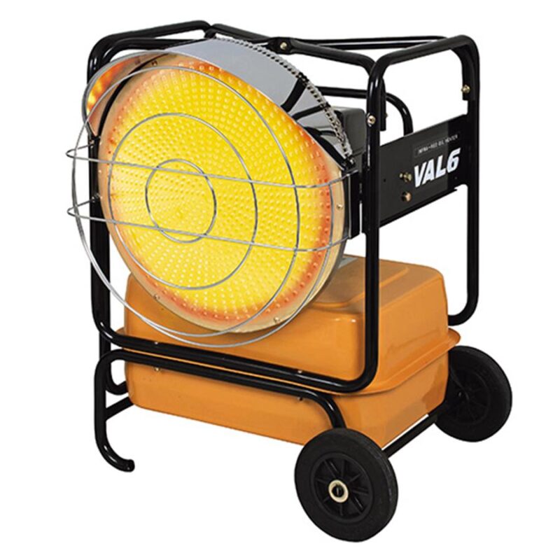 Portable industrial heater with wheels and handle.